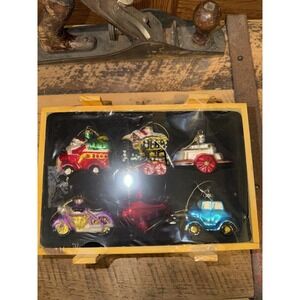 VINTAGE SANTA'S WORKBENCH 6 BLOWN GLASS CHRISTMAS ORNAMENTS IN WOOD CRATE